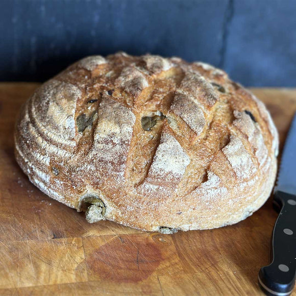 Locally sourced olive sourdough loaf available from our Northamptonshire based refill shop